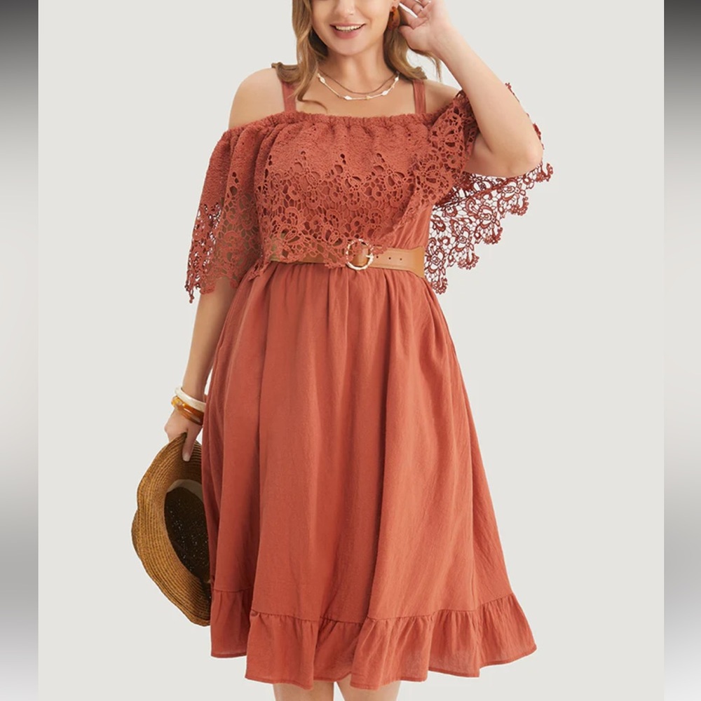 Solid Cold Shoulder Contrast Lace Pocket Ruffle Hem Dress